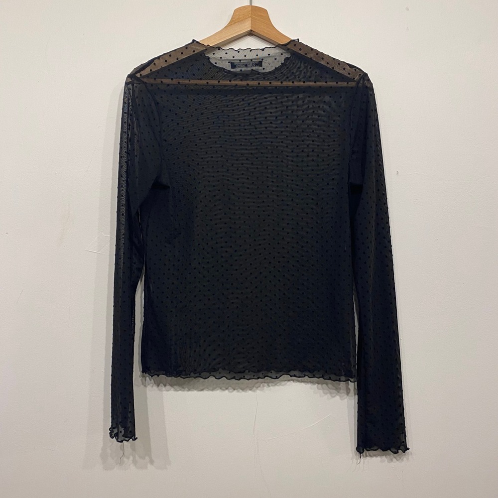 Zara Black Sheer Mesh Swiss Dot Long Sleeve Top Lettuce Trim Crew Neck Medium